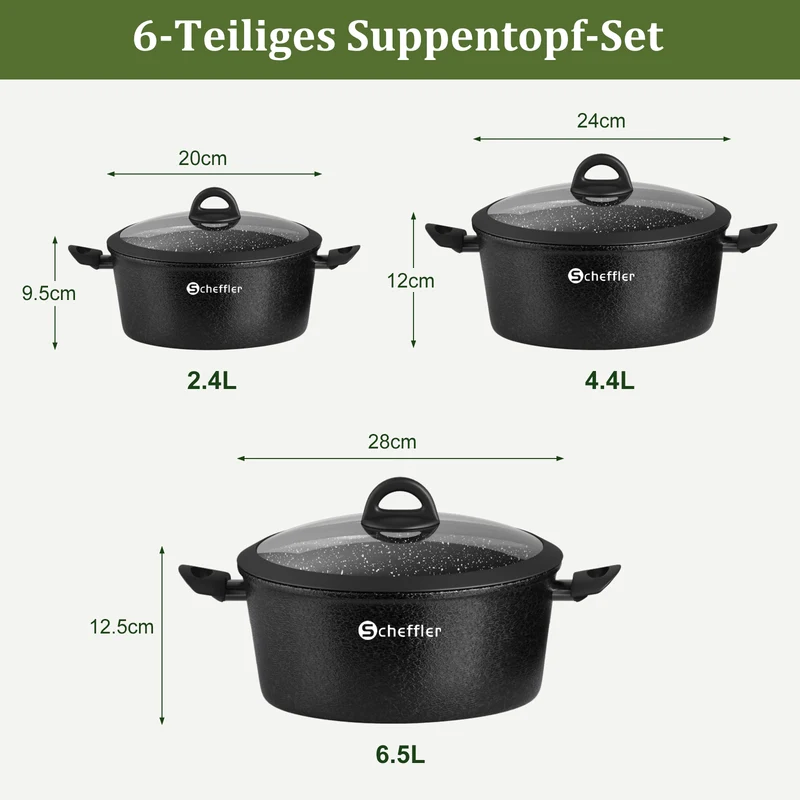 Scheffler Topfset, Induktions Töpfe Set 6-teilig, Antihaft-beschichtete Topfe, Kochtopf Set mit Glasdeckel, Spülmaschinenfest